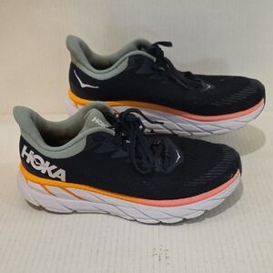 Hoka Clifton 7 Womens Sneakers - Black, Orange, and White Size 7